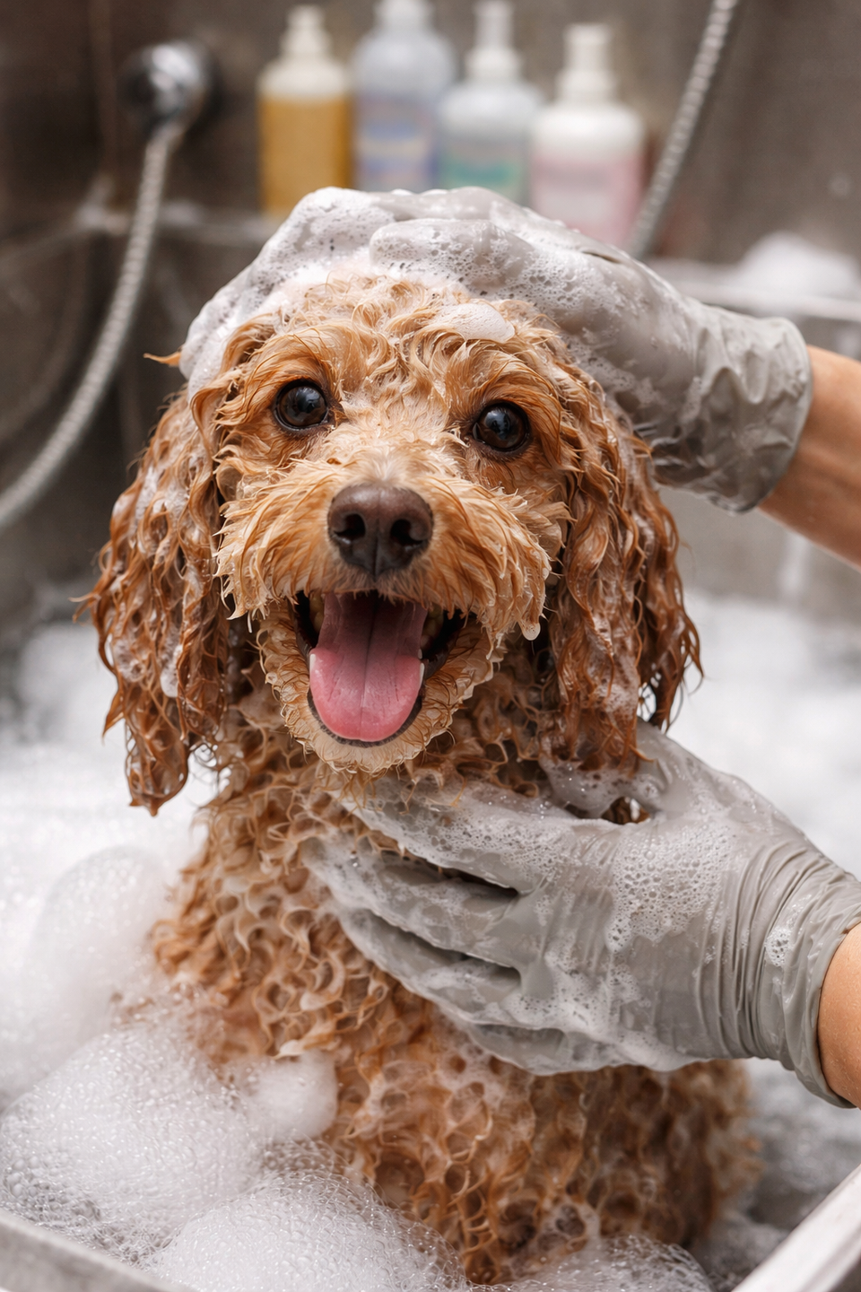 Dog being bathed with hypoallergenic shampoo