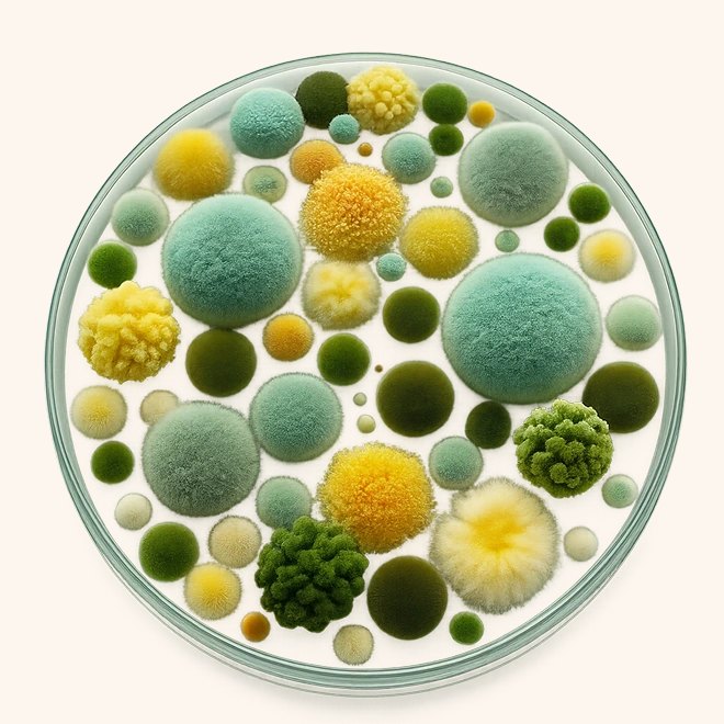 Petri dish showing yeast and mold colonies